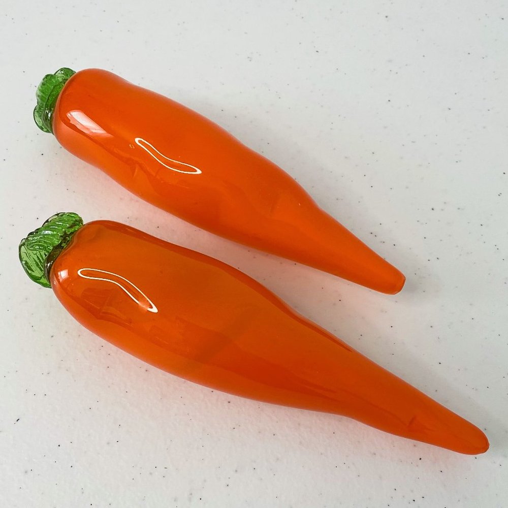 Vintage Handblown Art Glass Carrots Murano Style Set of 2 Orange Vegetables